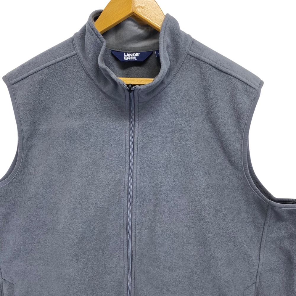 Lands' End Mens 2XL Gray Fleece Vest Full Zip Sleeveless Pockets Outdoor Wicking